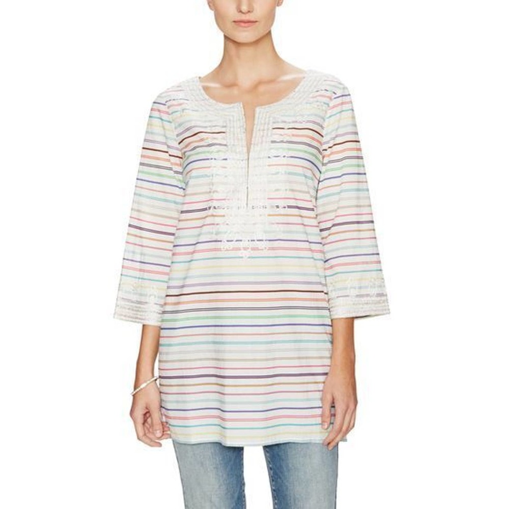 Calypso St. Barth Dress Mini Tunic Hester Striped 3/4 Sleeve Cotton Embr…